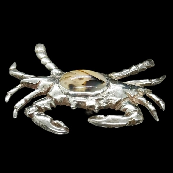 Gorgeous Vintage Large Moss Agate Figural Crab Brooch - Picture 3 of 7